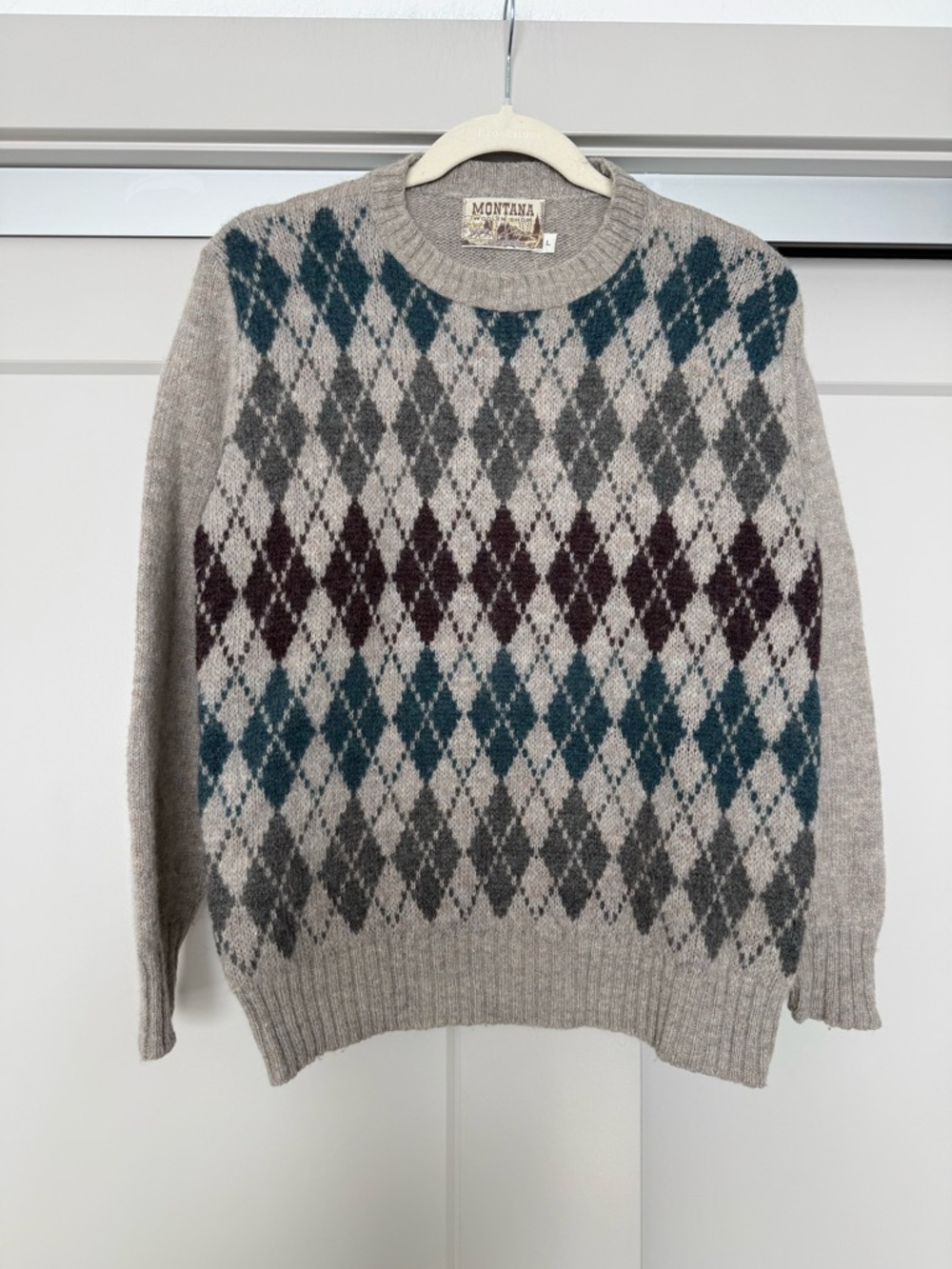 Montana Woolen Shop Mens Grey Argyle Crewneck Sweater